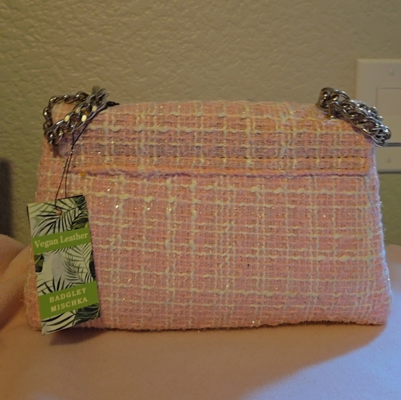 Brand New Pink Tweed Badgley Mischka Messenger Bag With Chain Strap - Picture 3 of 5